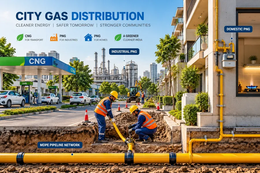 Illustration of a city gas network: CNG for transport, PNG for industries and homes, and the MDPE pipeline network laid underground